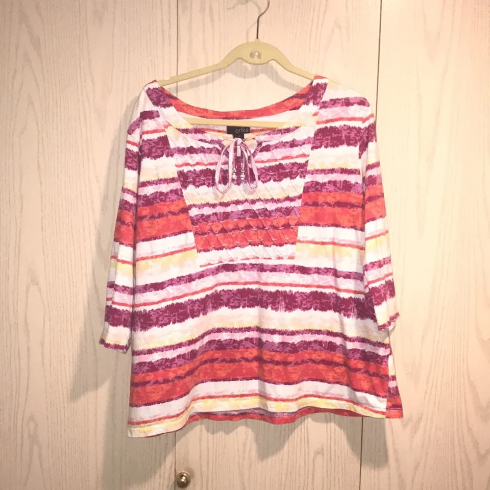 Erika 1X Women’s 3/4 Sleeve Scoop Tie Neck Pink Purple Red White Stripes